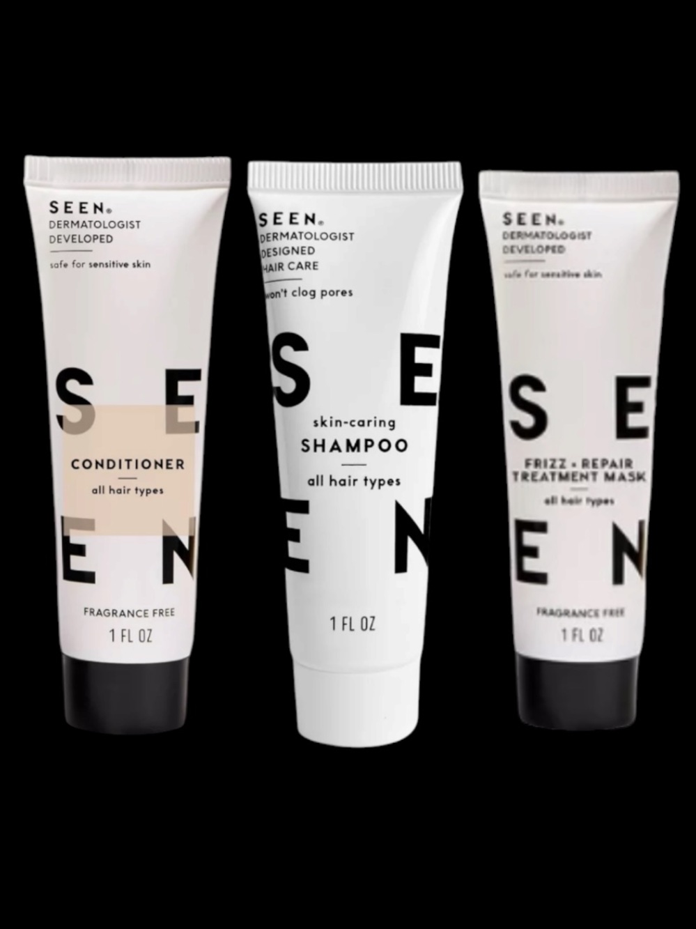 Seen Hair care set - shampoo, conditioner, frizz repair treatment mask, 1oz each